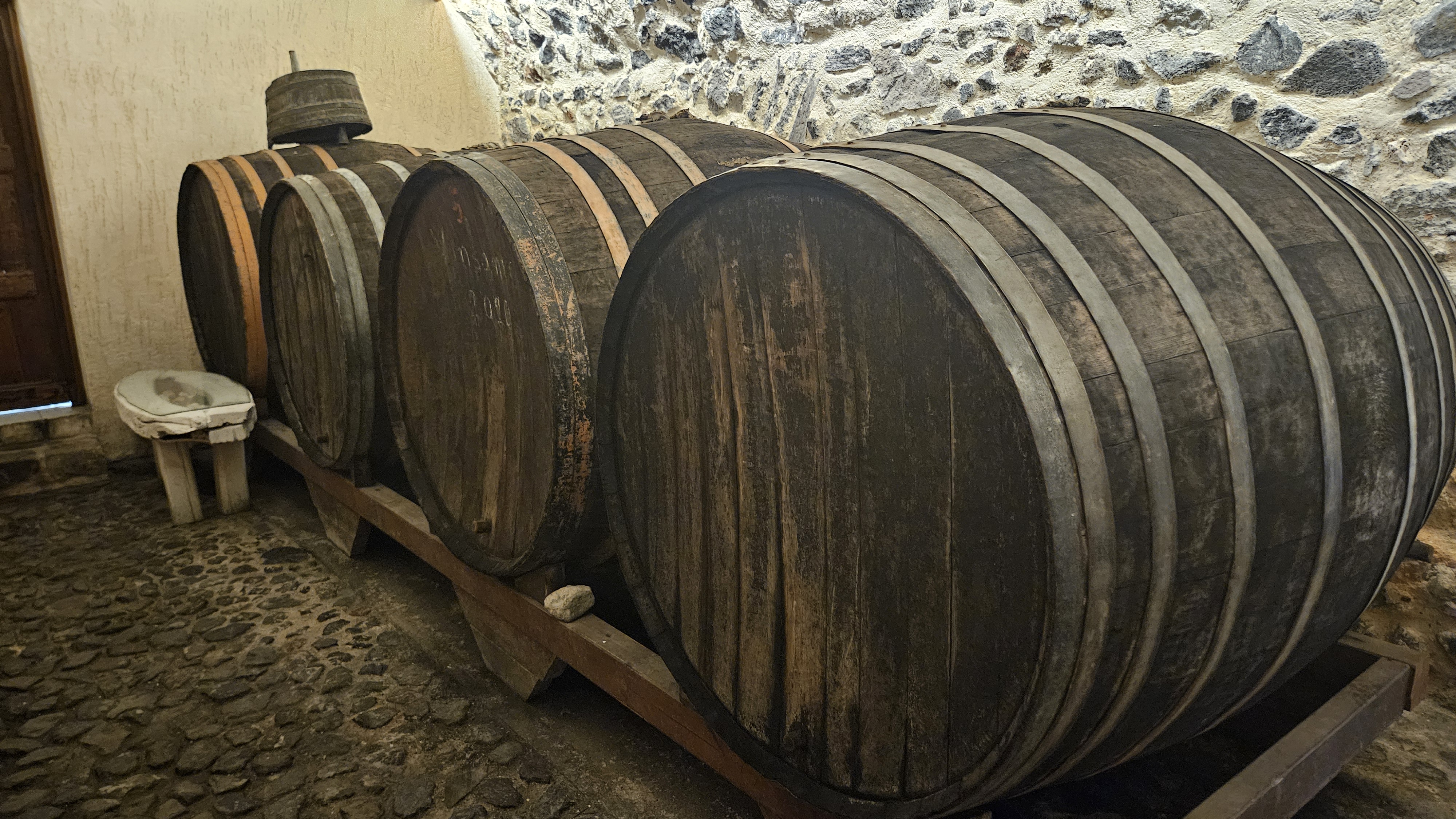The massive (and old) barrels for vinsanto (sweet white wine of Santorini) at Gavalas.